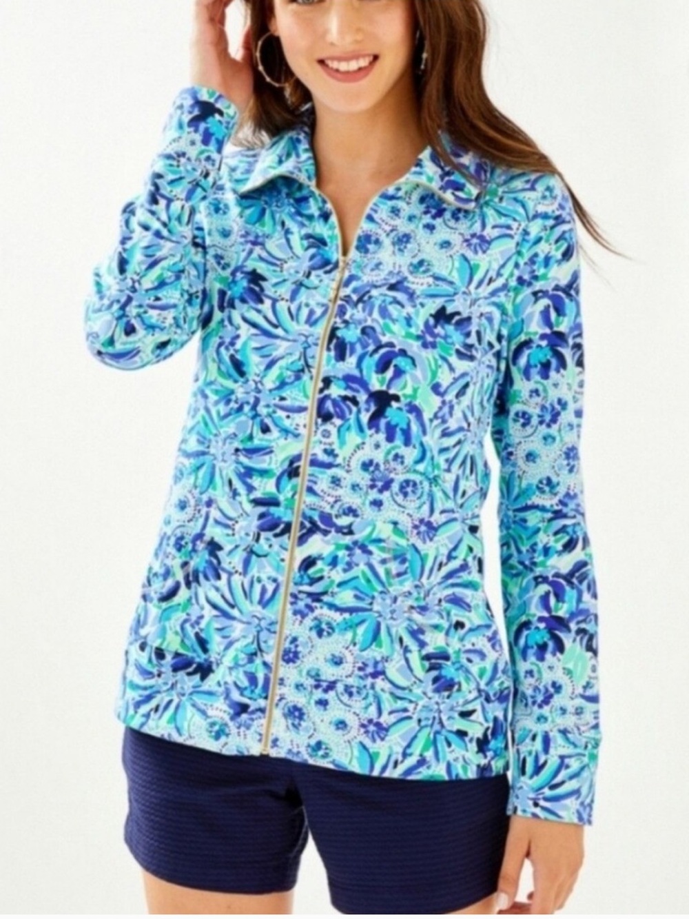 Lilly Pulitzer Floral Zip Utility Jacket in Aqua and Navy